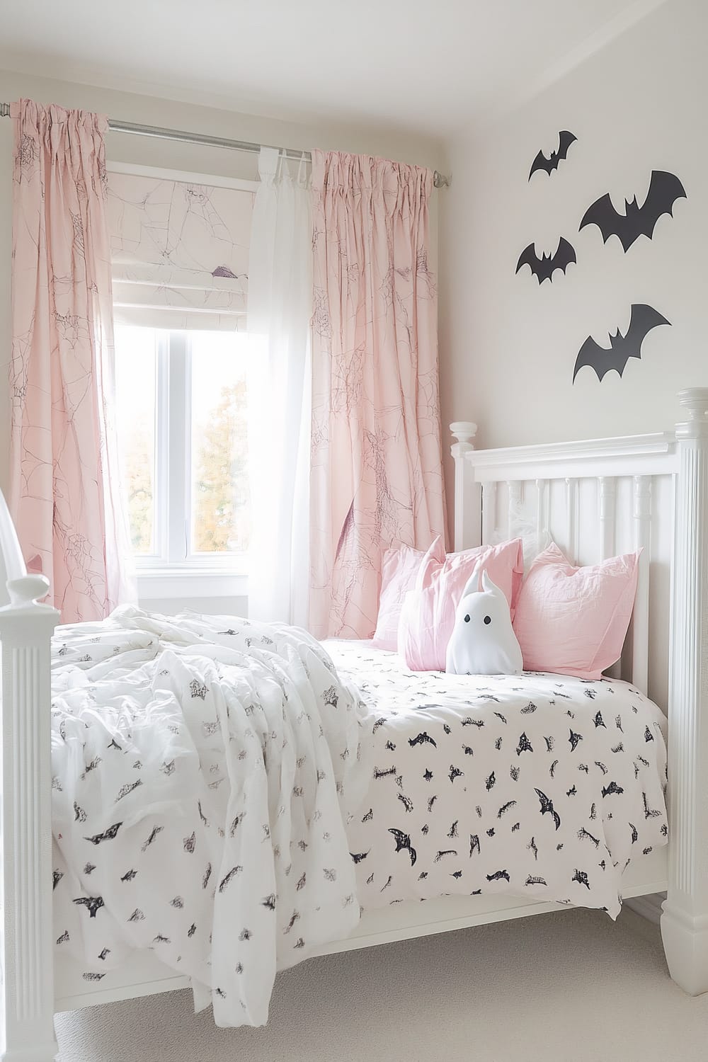 A children's bedroom with a pastel and Halloween theme. The room features a white bed with a headboard and footboard, adorned with a white comforter and sheets covered in black bat prints. Pink pillows and a ghost shaped pillow are neatly arranged on the bed. The window behind the bed has light pink curtains with a delicate spiderweb design, and white sheer curtains in the middle. On the wall above the bed, there are black bat decals in various sizes.