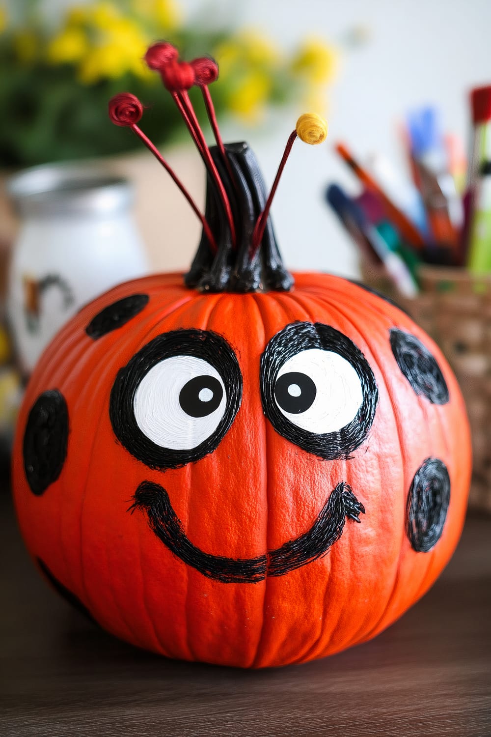 An orange pumpkin decorated to look like a ladybug. The pumpkin has black painted eyes and a smiling mouth with black polka dots. Red and yellow crafting stems are attached to the top like antennas. In the background, there are blurred art supplies and a vase of yellow flowers.