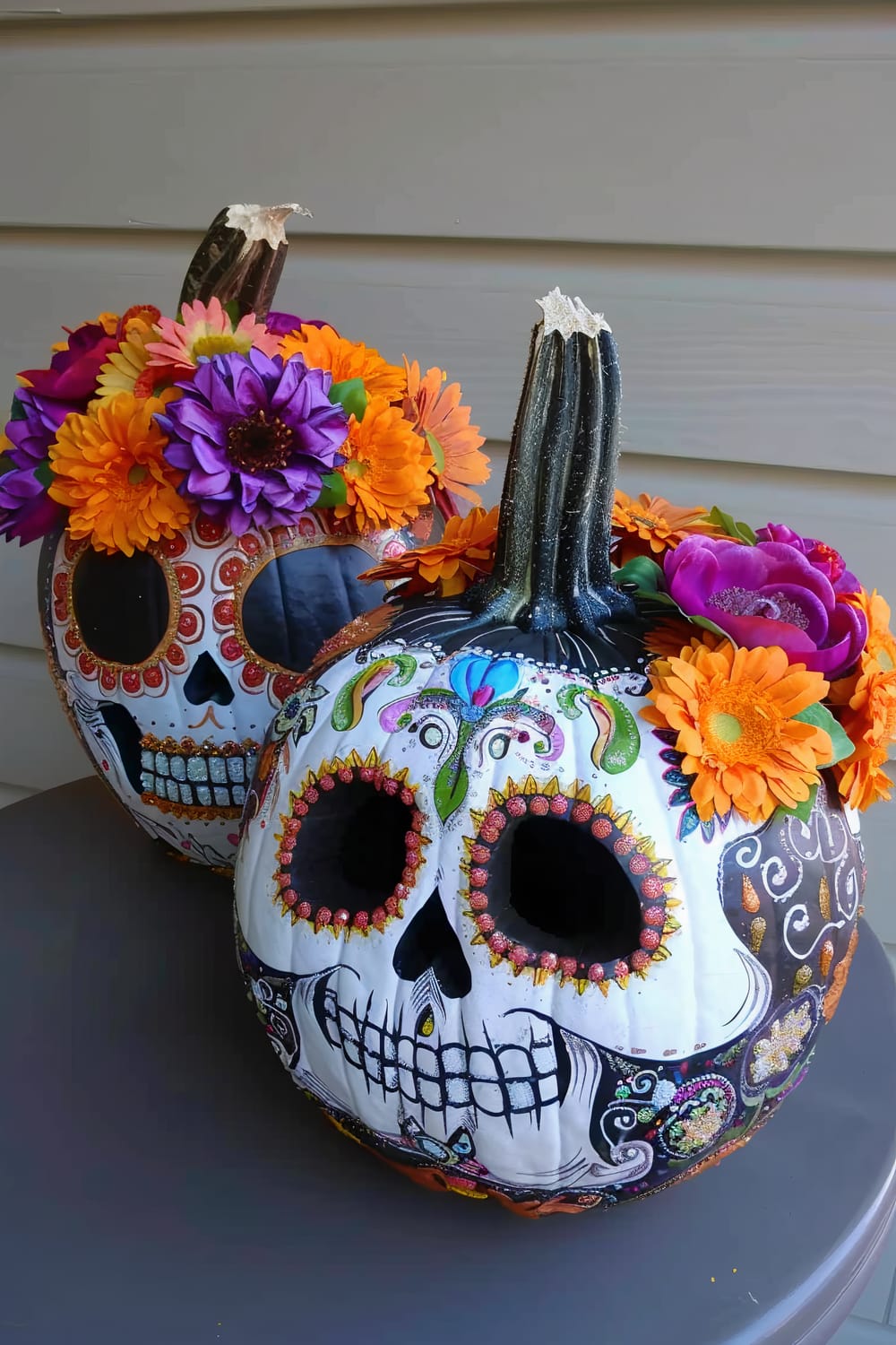 Two intricately decorated pumpkins are designed to resemble sugar skulls, evoking the Day of the Dead aesthetic. Each pumpkin is painted with vibrant and detailed patterns, featuring large, dark eye sockets. Both tops are adorned with colorful artificial flowers in shades of orange, purple, and yellow, with some green foliage. The pumpkins sit on a grey surface in front of a plain, light-colored background.