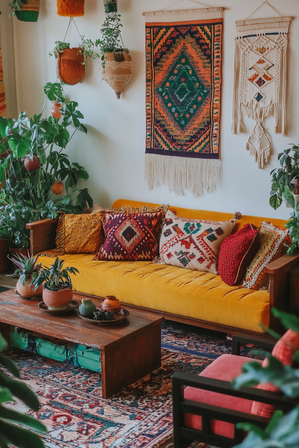 A vibrant, bohemian living room with a bright mustard-yellow couch adorned with patterned throw pillows in red, beige, and multicolored designs. Above the couch, there are hanging intricate textile wall hangings and macramé plant holders with green foliage plants. The room includes a wooden coffee table with potted plants and decorative items. A richly patterned, colorful rug covers the floor, enhancing the eclectic and inviting ambiance.