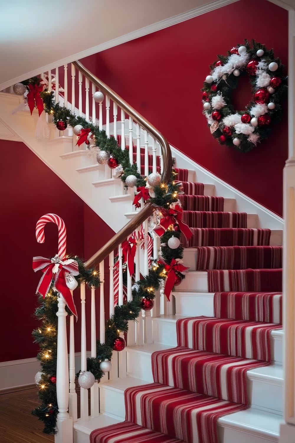 An elegant Christmas staircase is adorned with lush green garlands wrapped around white balusters, decorated with red and white ornaments, candy cane ribbons, and festive bows. A striking white and red wreath hangs on the wall, complementing the vibrant red accent walls. The stair runner features a red and white striped pattern, creating a festive and sophisticated entrance.