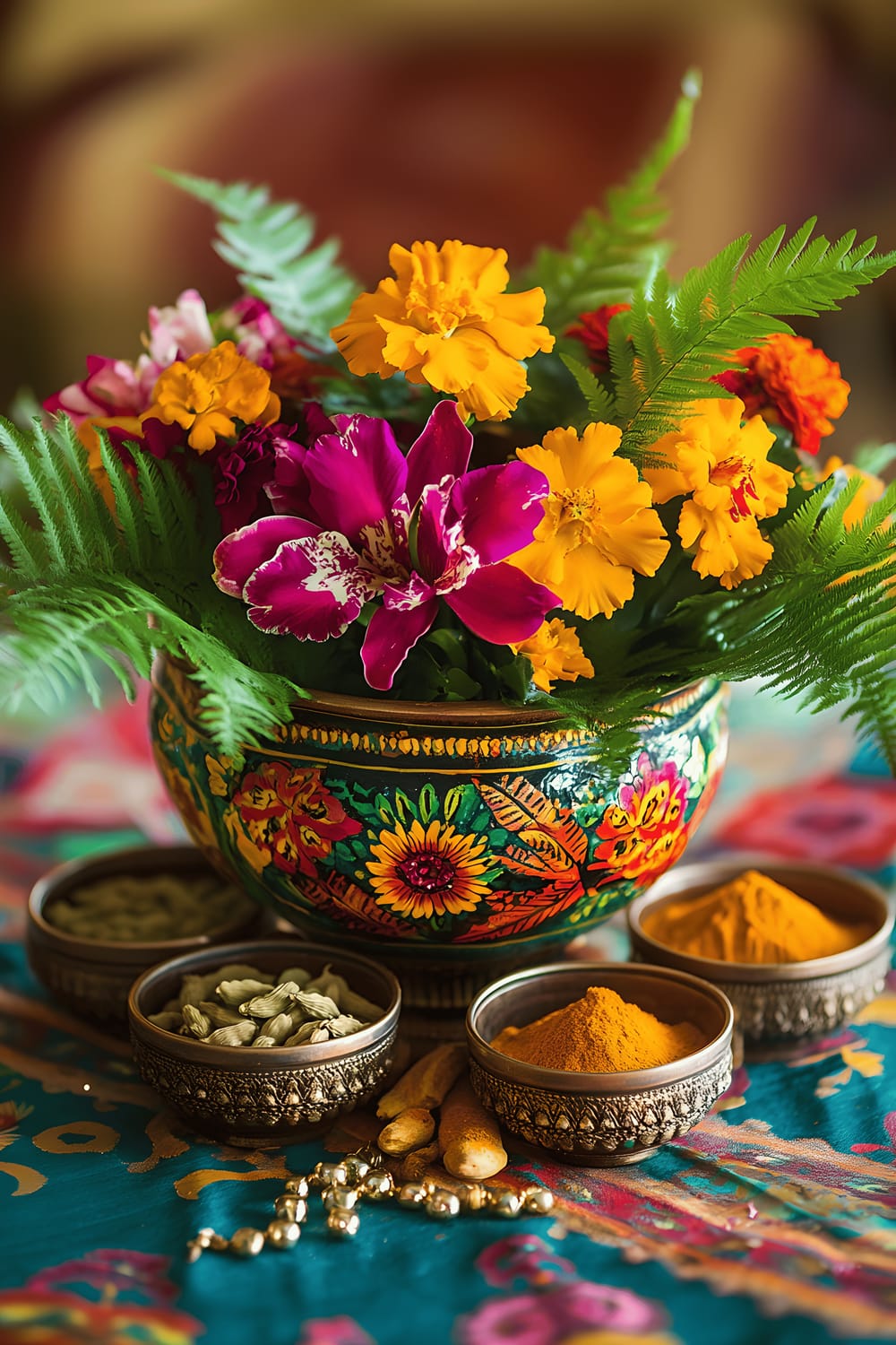 A richly decorated table centerpiece displaying an Indian aesthetic. A large hand-painted ceramic bowl holds marigold, orchid, and fern blooms, and this is surrounded by smaller bowls filled with vibrant spices such as turmeric, cardamom, and saffron. Beaded chains, tassels, and brass trinkets are dispersed around the layout, complemented by warm, diffused light enhancing the colors and patterns. The display is settled on a stylishly textured tablecloth adorned with ethnic prints.