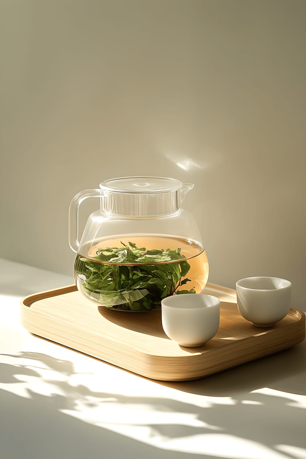 A tea station in minimalist style featuring a clear glass teapot with blooming herbal tea inside, surrounded by fresh mint leaves. A small stack of white ceramic cups is ready for use, and everything is presented on a delicate bamboo tray. The scene is captured in warm morning light that adds a serene ambience.