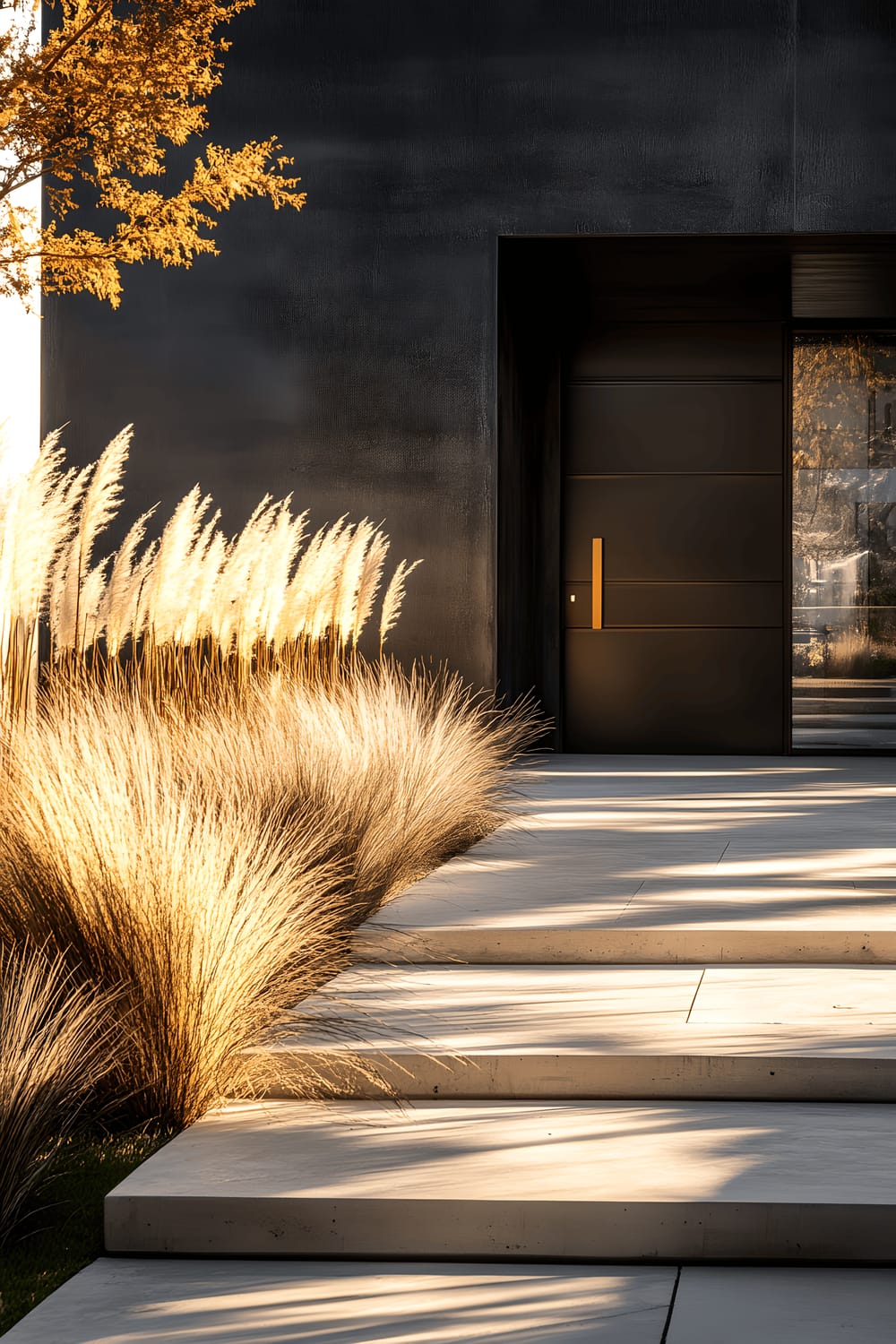 A modern courtyard featuring wide, white stone pathways separated by deep black concrete walls against which tall golden ornamental grasses grow, their tips highlighted by the setting sun. Long dramatic shadows fall across the expanse of the pathways, adding a dramatic effect to the straightforward geometry of the design. A quiet, serene atmosphere is created by the interaction of sunset light, playful shadows, and monochromatic architectural elements.