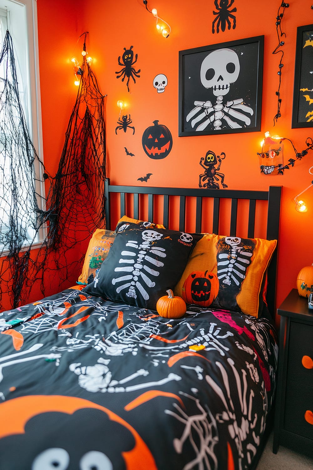 An interior of a brightly decorated Halloween-themed bedroom. The walls are painted a vivid orange and adorned with various wall decals including spiders, bats, skulls, and pumpkins. The bed is dressed with black bedding featuring skeleton prints and orange accents. A small pumpkin sits on the bed and another one is placed on the black nightstand beside the bed. Spider web decorations and string lights with orange pumpkin bulbs hang around the room.