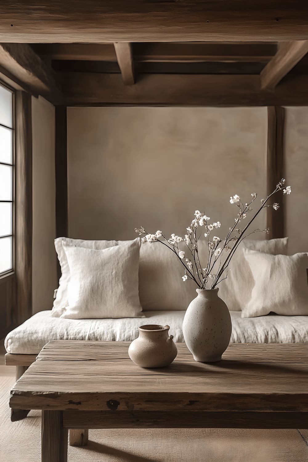 A serene Tokyo living room embracing the wabi-sabi aesthetic, featuring exposed wooden beams and distressed linen cushions. A rustic wooden coffee table holds a handmade ceramic vase filled with wildflowers. The room is bathed in soft natural light filtering through uneven shoji screens, underscoring its imperfect beauty. A neutral color palette with earthy tones lends towards a harmonious and tranquil environment.