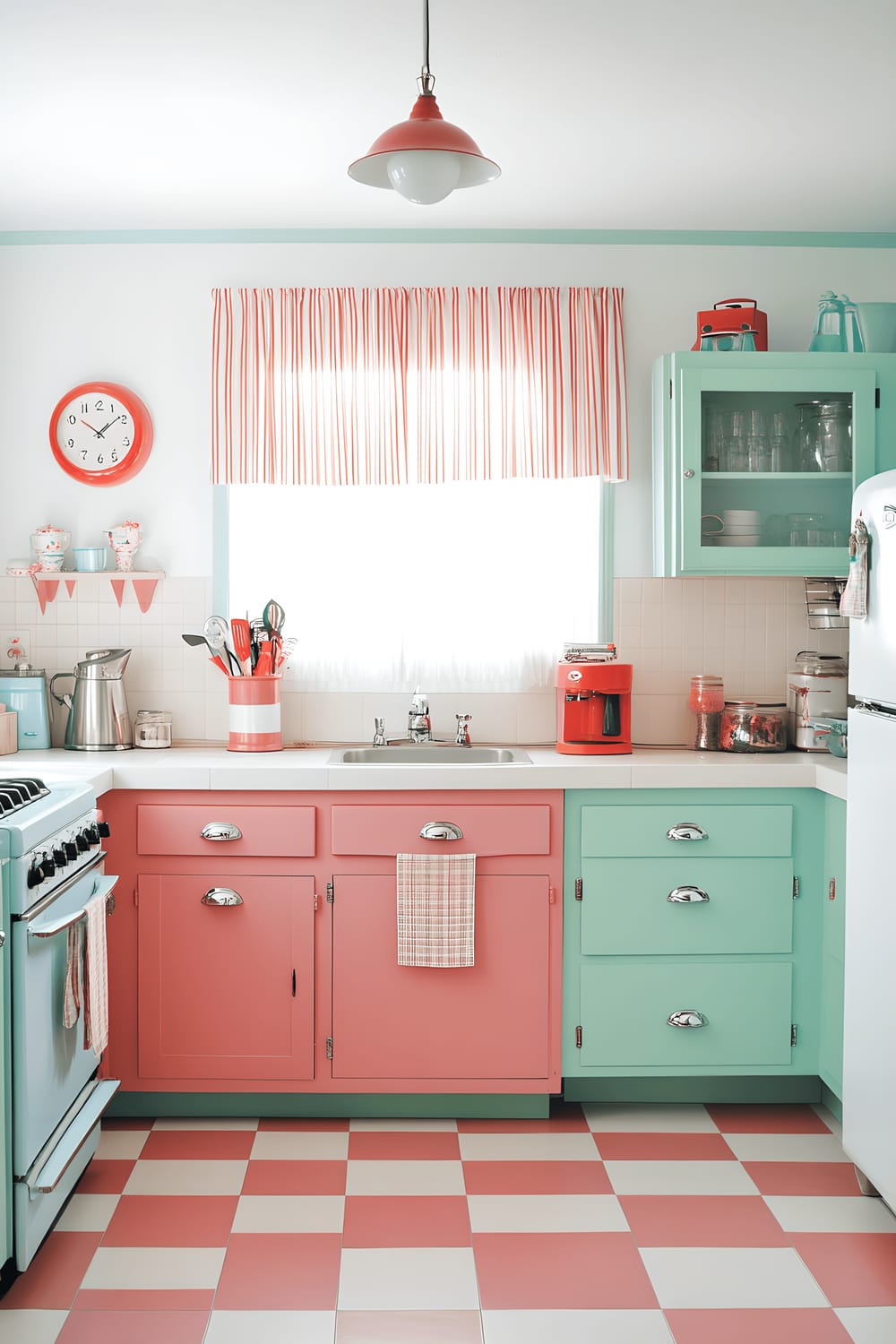 A vibrant kitchen inspired by 1950s decor featuring mint green and cherry red cabinetry, accented by chrome hardware. The kitchen has white formica countertops integrated with vintage appliances including a pastel refrigerator and a classic stove with chrome knobs. A floor adorned with checkerboard tiles complements a nostalgic diner-style seating booth with vinyl upholstery. Additional decorations include a retro clock, colorful patterned curtains, and open shelves with vintage cookbooks. The brightly lit room, owing to a large window and chrome pendant lights, exhibits a fun and energetic ambiance teeming with mid-century charm.