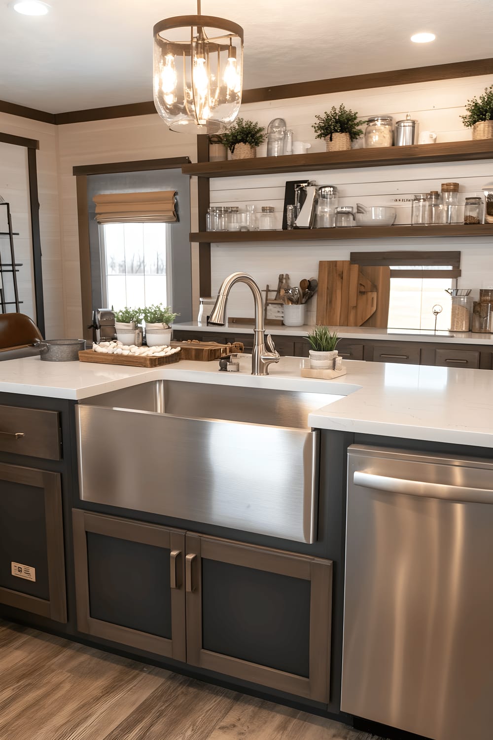 A modern farmhouse kitchen with white painted walls and contrasting dark wood cabinetry. The kitchen features a large island topped with butcher block and furnished with barstools. Open wooden shelves showcase organized glass jars and potted plants. Stainless steel appliances and a chrome faucet are complemented by polished quartz countertops. Overhead, a rustic chandelier casts a warm glow across the room.