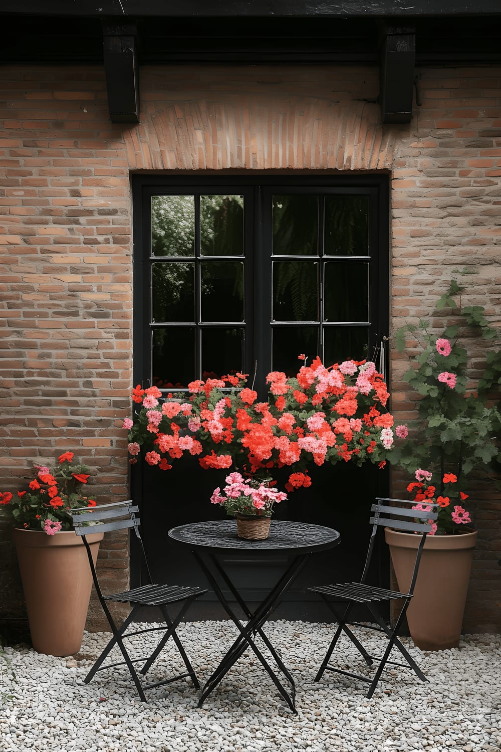 A small townhouse garden with a metal French table and two chairs on a gravel surface, surrounded by two flower pots. There is also a flower container window box full of blooms.