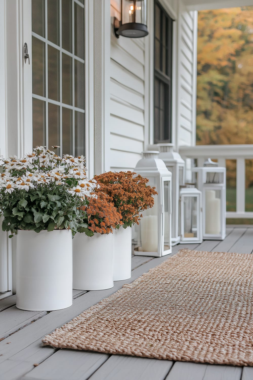 A close-up view of a beautifully decorated porch featuring three white planters with blooming flowers: one with white daisies and two with orange chrysanthemums. The planters are lined up near a white-paneled door with a window. On the right side, there are multiple white lanterns with candles inside arranged neatly along the wall. A natural woven doormat lies on the grey wooden floorboards. The background includes some greenery and autumn foliage.