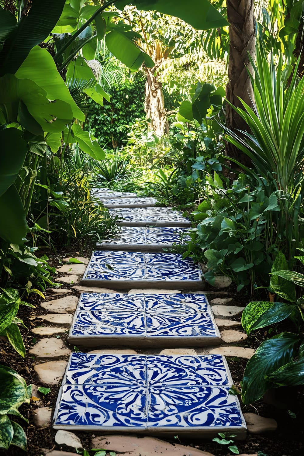 A DIY summer garden path featuring handmade mosaic stepping stones in deep blue and white Moroccan tile patterns. The path is surrounded by lush greenery, making for a tranquil outside space.