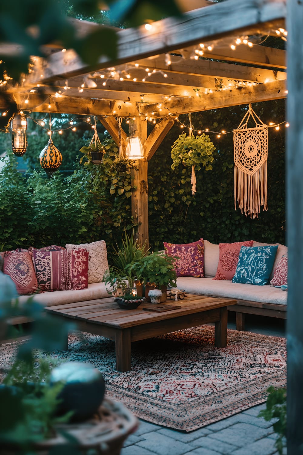 A warmly lit outdoor patio featuring a low reclaimed wood coffee table centered on a handwoven jute rug. The area is surrounded by vibrant Moroccan floor cushions in jewel tones. Overhead, a weathered pergola holds draping fairy lights creating a charming evening ambiance, with macramé plant hangers holding lush pothos and spider plants. A lantern provides soft central lighting on the table.