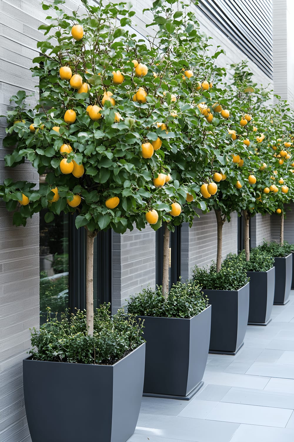 A small-space urban patio garden is presented in a 2:3 aspect ratio. On display are a row of espaliered Asian pear trees (Pyrus pyrifolia) trained in elegant tiered patterns, which are compact yet heavy with golden fruit. Sleek, modern planters line the paved floor of the patio garden, demonstrating a successful and aesthetically pleasing example of minimalist yet highly productive city gardening.