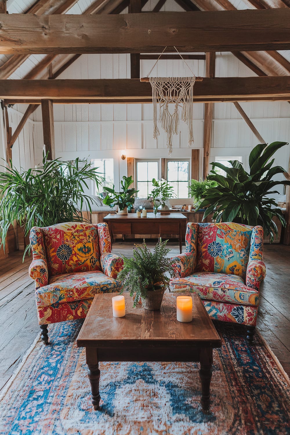 A cozy bohemian-inspired loft features two colorful armchairs with vibrant patterns. A wooden coffee table with three candles and a potted plant is set in front of the chairs. The loft has large lush green plants in the background, macramé artwork hanging from wooden beams, and large windows letting in natural light.