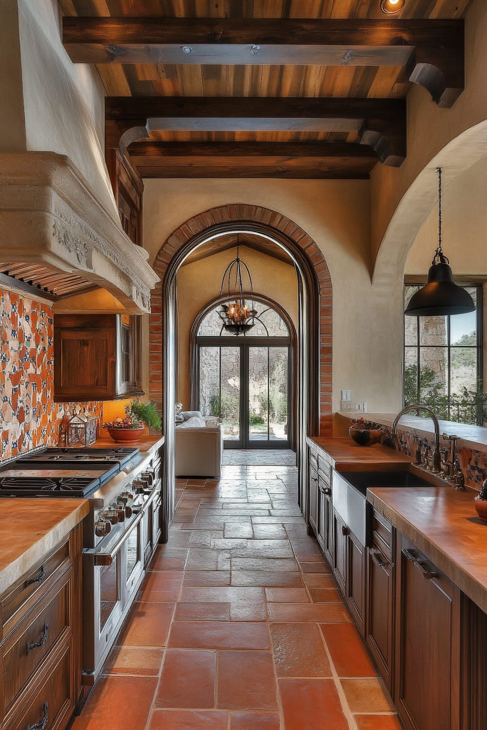 A rustic Mediterranean style kitchen features rich wooden cabinets, terracotta floor tiles, and a colorful mosaic backsplash. The space is illuminated by natural light from a large arched window. Exposed wooden beams adorn the ceiling, adding to the rustic charm. A prominent archway leads to a cozy sitting area and a set of double glass doors that open to an outdoor space.