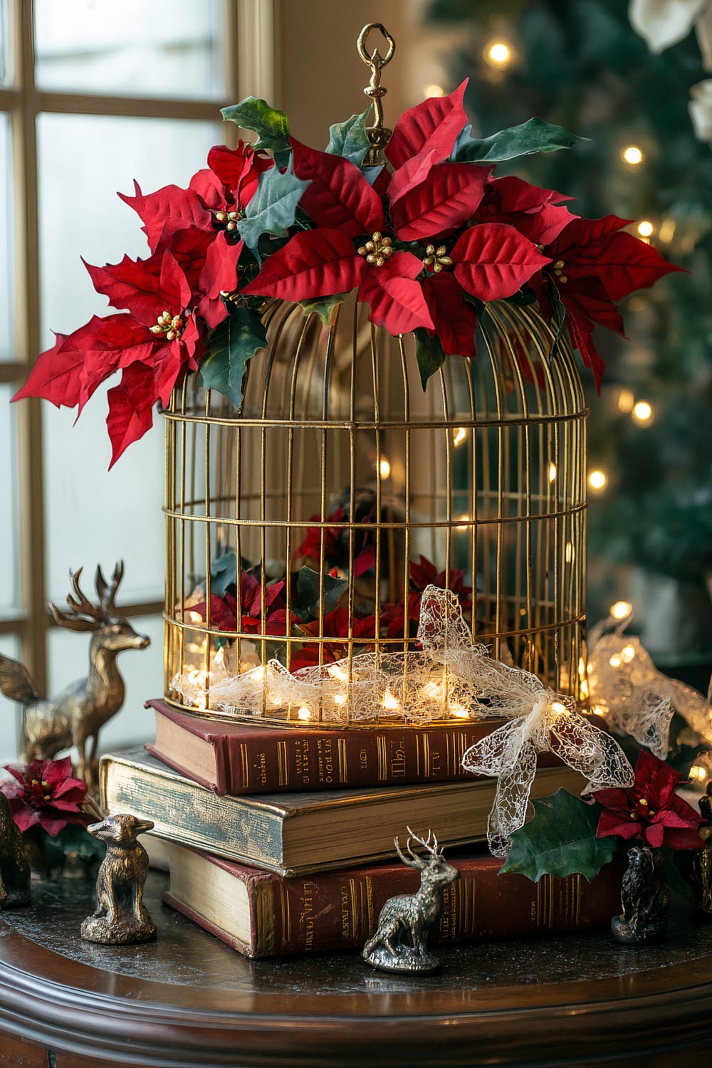 A festive holiday scene featuring a decorative gold birdcage adorned with vibrant red poinsettias and green leaves at the top. The birdcage is placed on a stack of vintage, hardcover books with red and brown covers, along with a string of warm fairy lights inside and around it. Delicate white lace ribbons are draped over the books. Surrounding the display are small brass figurines of reindeer and a fox, as well as additional poinsettia flowers, adding to the holiday ambiance.