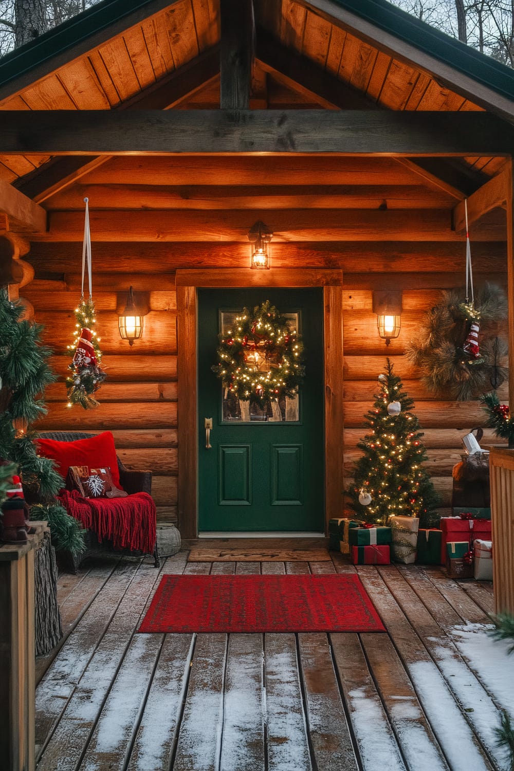 The image captures the charming entrance of a rustic log cabin adorned with festive Christmas decorations. A green door, centered in the wooden log wall, features a wreath with twinkling lights. Illuminated lantern-style lights flank the entrance. The porch is adorned with a small decorated Christmas tree surrounded by wrapped presents and hanging decorative stockings. A cozy seating area with a chair covered by red blankets and a cushion is positioned to the left. The wooden porch floor has a red welcome mat dusted with light snow.