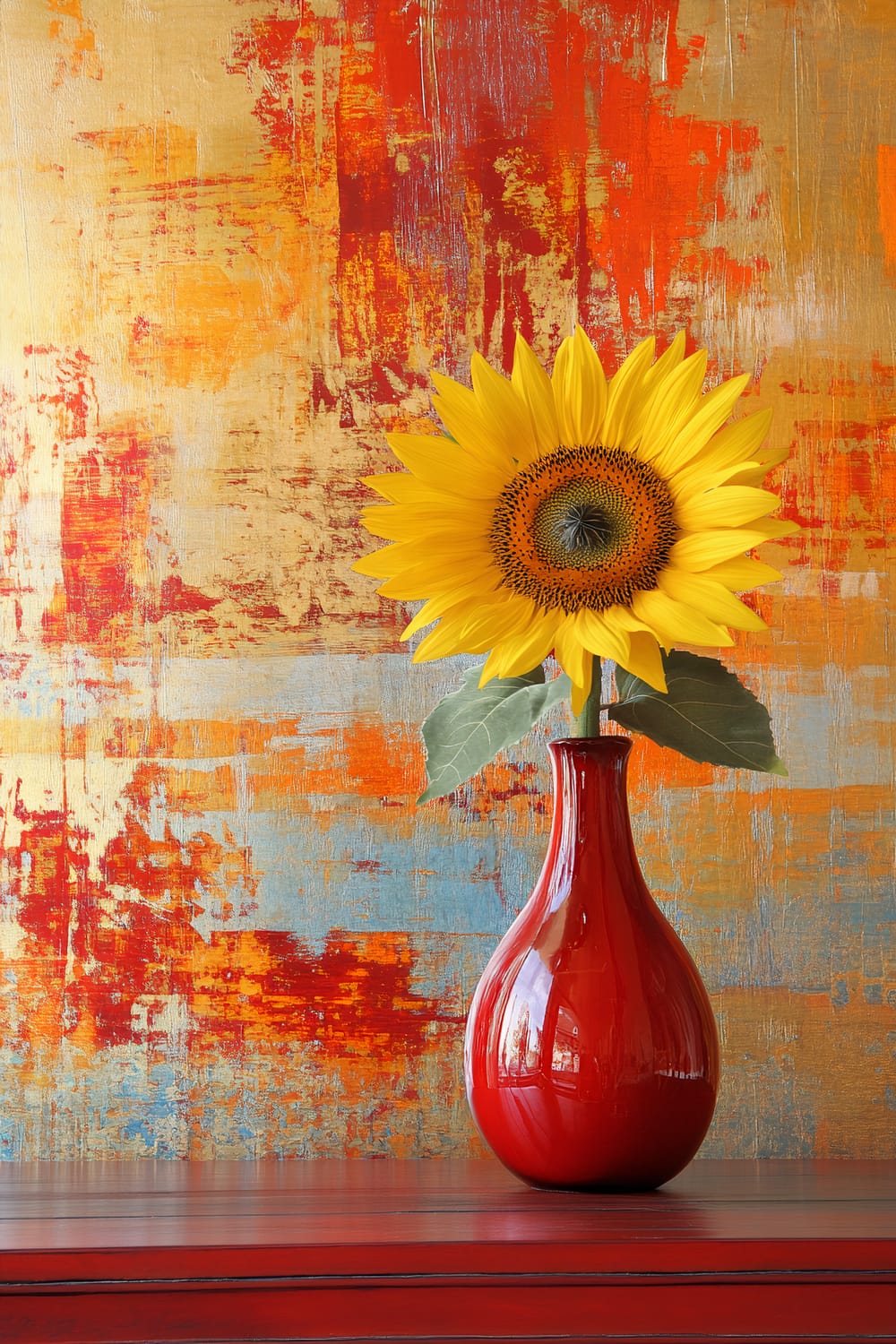 A vibrant yellow sunflower in a glossy red vase sits on a contemporary coffee table. The background showcases an abstract orange and gold fall-themed painting that adds bold colors and contrast to the scene.