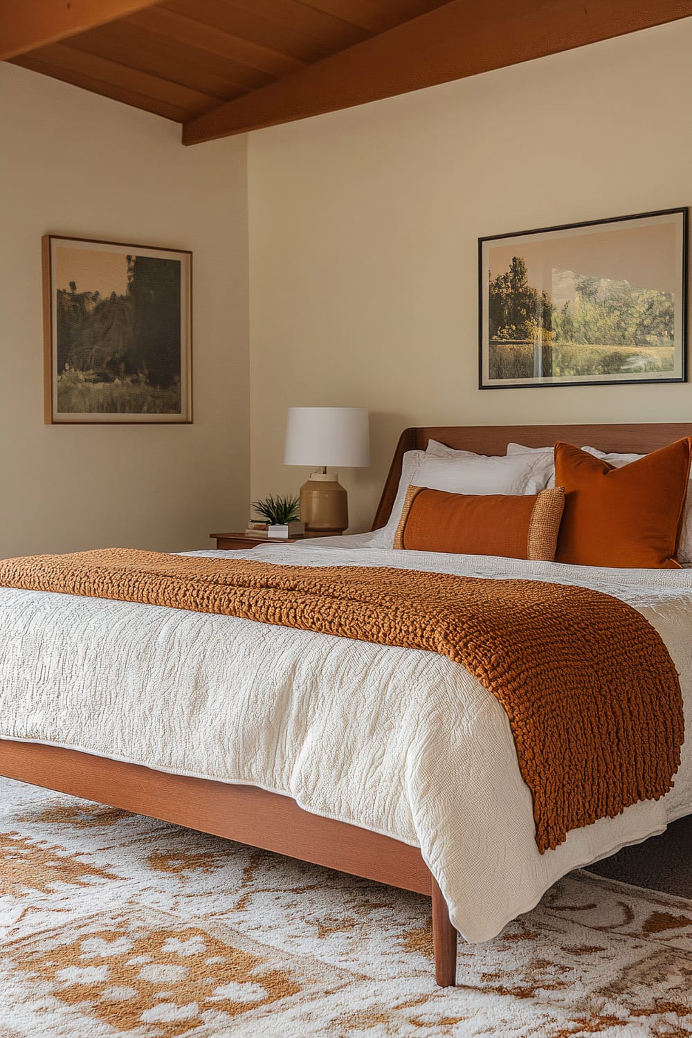 A bedroom with a wooden bed frame featuring white bedding and an orange throw blanket at the foot. The bed has decorative pillows in orange shades. To the left is a bedside table with a beige lamp and a small plant. Two framed landscape photographs hang on the light beige walls. The room has a warm ambiance with natural light highlighting the wooden ceiling and a patterned rug in white and orange tones on the floor.