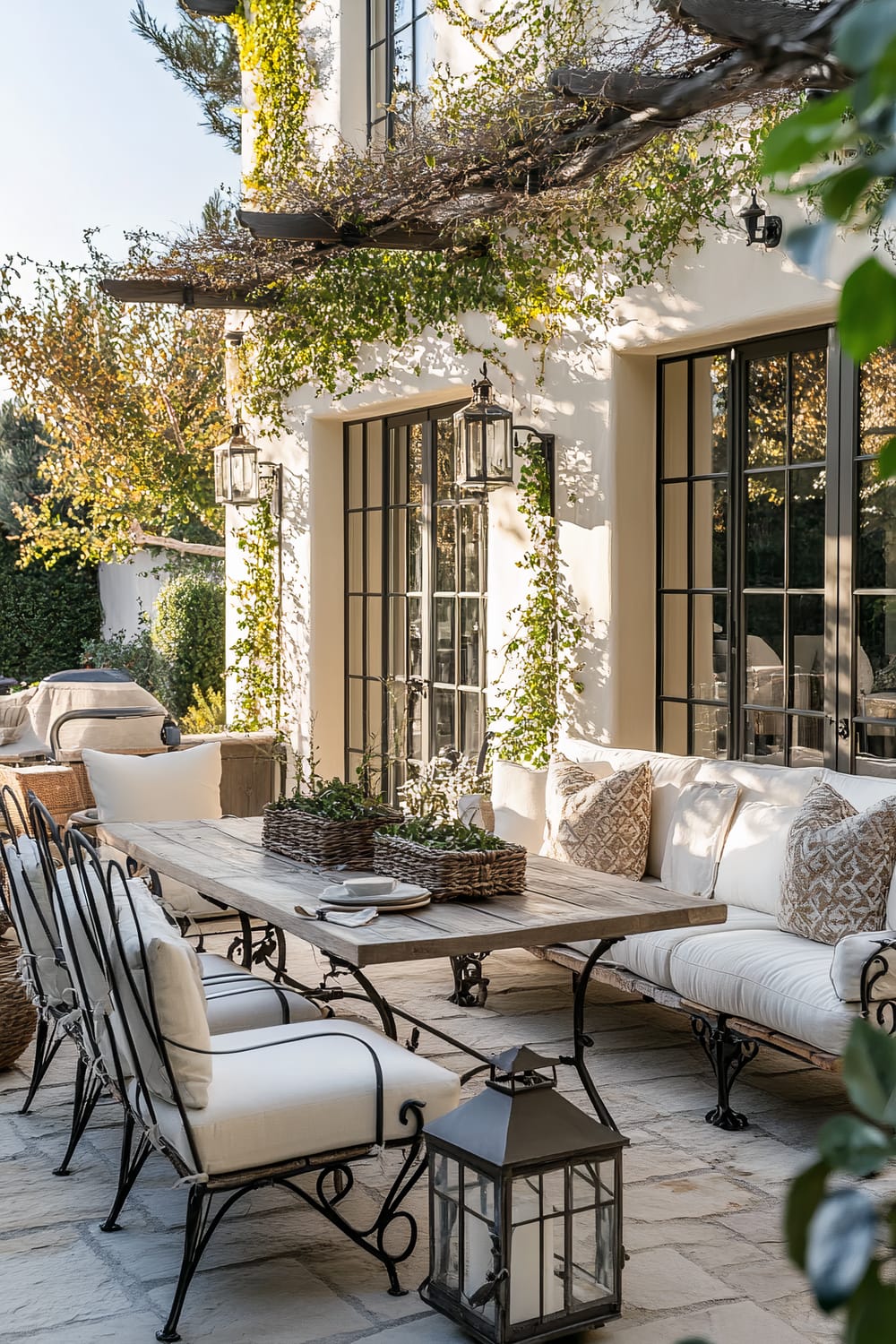 A sun-drenched patio with a rustic yet refined appearance. The scene features a stone floor, a wooden table with wrought iron legs, and wrought iron chairs with white cushions. A cushioned bench with patterned throw pillows lines one side of the table. Lantern-style lights hang beside elegant, large, black-framed windows that open onto the patio. Ivy climbs the walls and trellis overhead, adding a touch of natural charm. A large lantern sits on the patio floor, enhancing the cozy atmosphere.