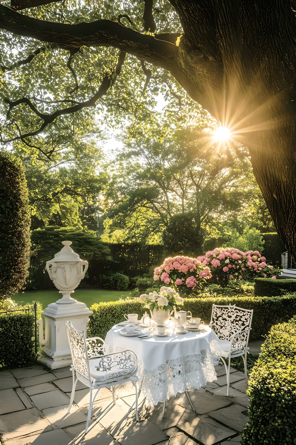 A beautiful outdoor garden patio adorned with white wrought-iron furniture coated with lace tablecloths. Porcelain tea sets neatly arranged on the tables reflect the warmth of the morning sun. Manicured verdant hedges, topiary sculptures, and hydrangeas in full bloom envelope the area, while a majestic oak tree overhead casts soft shadows, adding a sense of tranquillity to the scene.