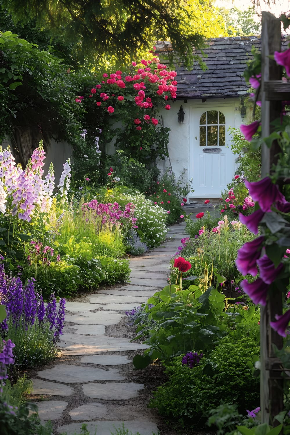 A bucolic scene of a traditional English cottage garden laden with vibrant flowers like pink and red roses, purple foxgloves, and soft lavender is presented. A winding stone pathway meanders through the garden, leading to the enticing entrance of the cottage with its appealing white-painted wooden door. A wooden trellis, almost obscured by the abundant blooms climbing over it, adds a rustic touch to the scene. The soft glow of the morning light casts a gentle warmth over all, while the invisible breeze stirs the foliage slightly.