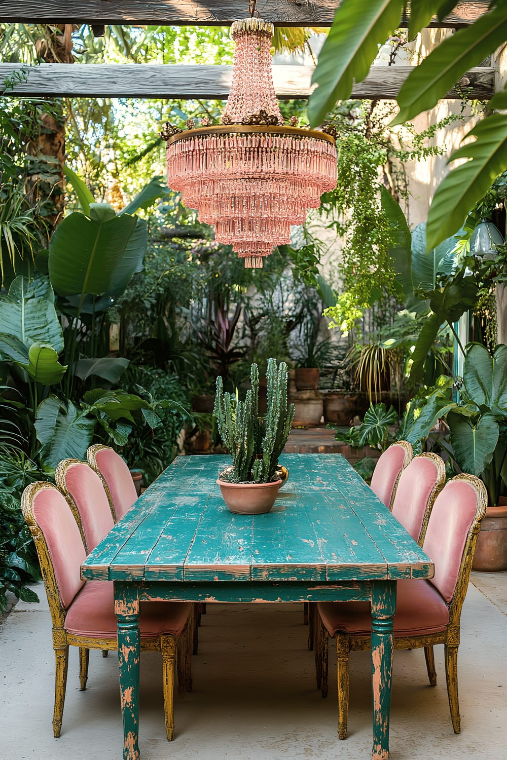 A vibrant outdoor dining setup featuring a bold teal colored vintage wooden table surrounded by apricot upholstered chairs with antique gold legs. A pink gold metal chandelier hangs above the table, illuminating the varied items adorning the tabletop. The dining area is set amidst a lush green backdrop with ornate terracotta pots of plants scattered around the area.