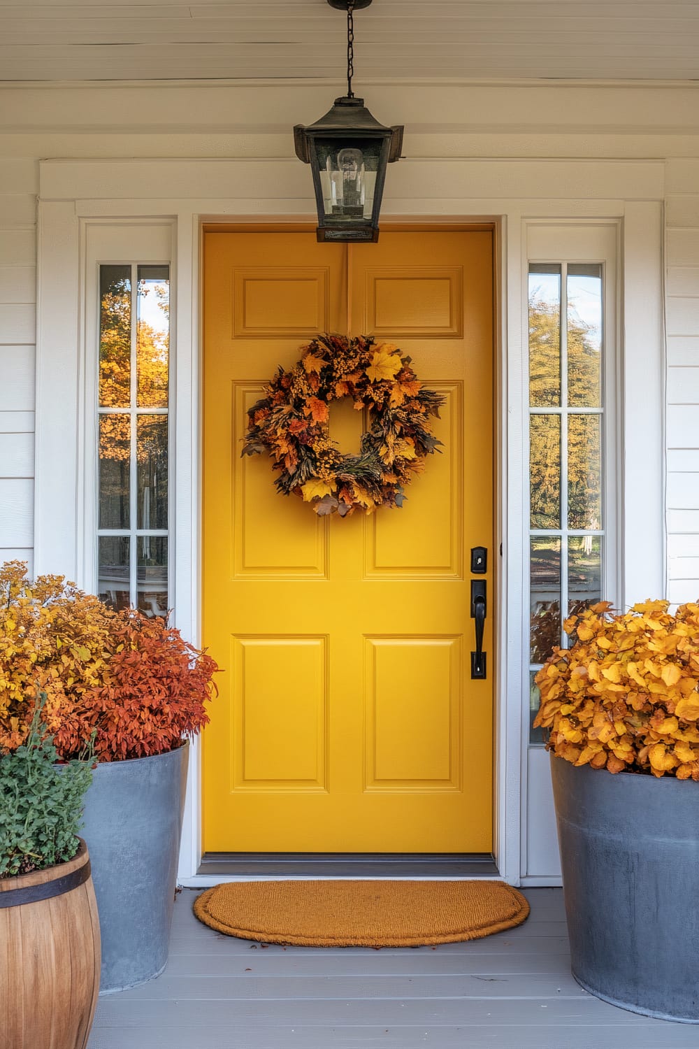 An entrance featuring a bright yellow front door adorned with a fall wreath composed of autumn leaves. Flanking the door are tall glass windows and large planters with fall foliage in vibrant shades of red, orange, and yellow. A rustic barrel planter is also visible, adding a natural element to the scene. Above the door hangs a traditional black lantern light.