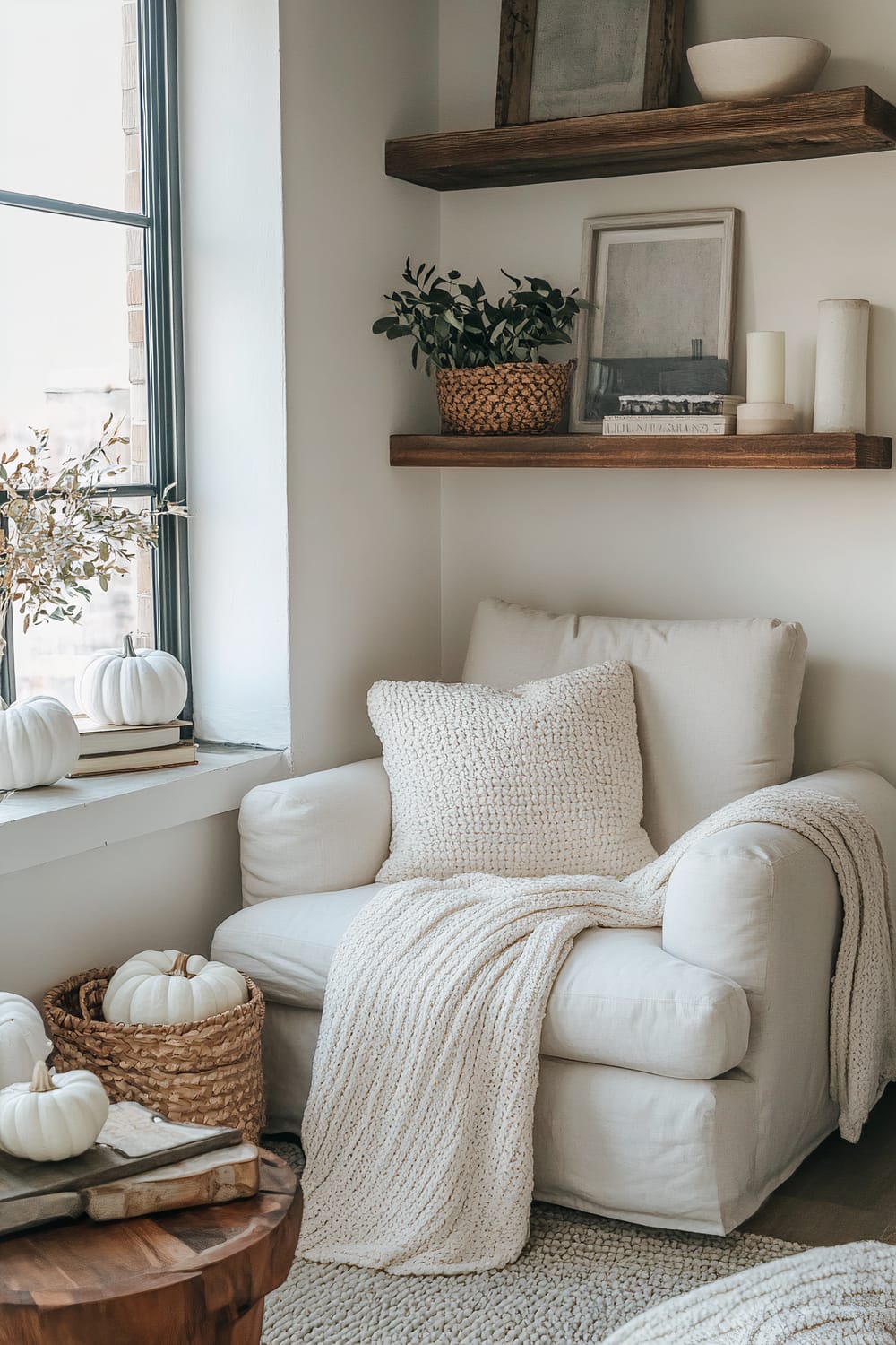 An inviting nook featuring a comfortable cream-colored armchair adorned with a chunky knit pillow and a cozy throw blanket. Wooden shelves above display potted plants, candles, and framed art. White pumpkins and books decorate the window sill, contributing to a seasonal theme. A woven basket beside the chair holds additional pumpkins, and a wooden side table with more books occupies the foreground.