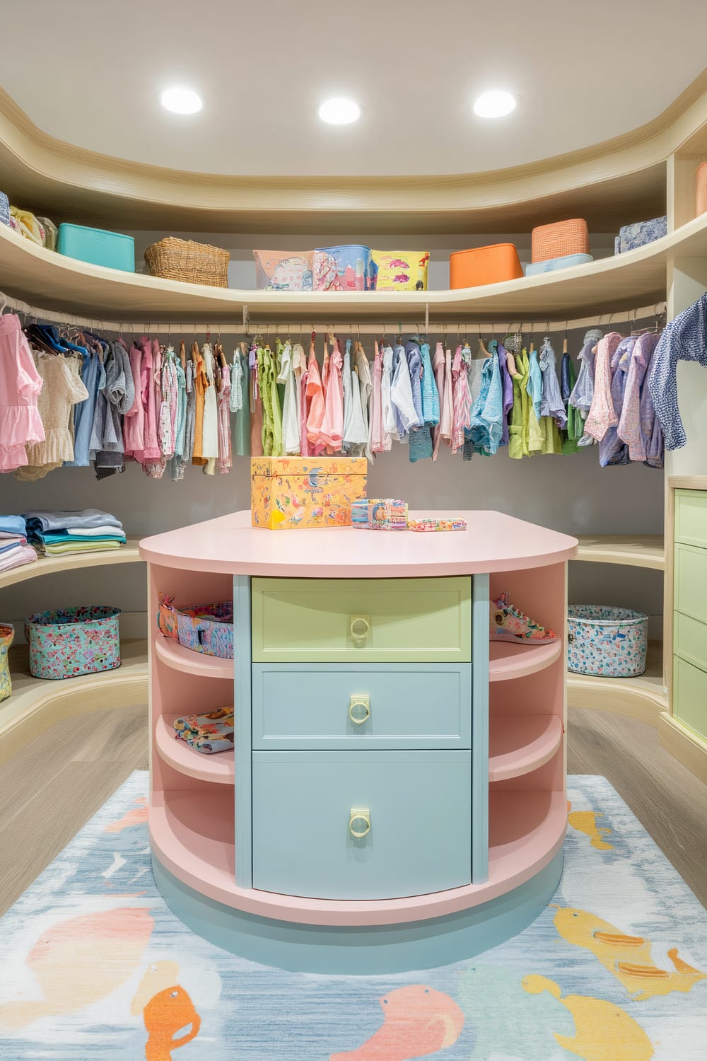 A brightly lit, child-friendly walk-in closet with soft pastel cabinetry wrapping around the walls. The central island, featuring a smooth rounded top with colorful drawers, is surrounded by neatly organized shelves and hooks holding clothes, shoes, and accessories. A playful rug with bright patterns lies beneath the island. The closet has warm recessed lighting.