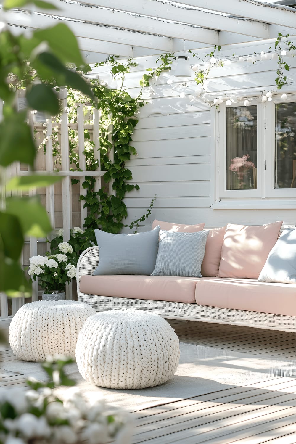 A serene patio space featuring light wooden decking underfoot. The central focus is a pastel pink, L-shaped outdoor couch adorned with subtly colored cushions in soft blues and grays. Accompanying the couch are white woven poufs that serve as versatile seating or surfaces. Potted eucalyptus plants add a touch of greenery to the scene. The entire setting is pulled together with a light gray rug placed underneath the seating area. It's a bright, inviting exterior space, bathed in soft daylight, demonstrating a modern Scandinavian-inspired design aesthetic.