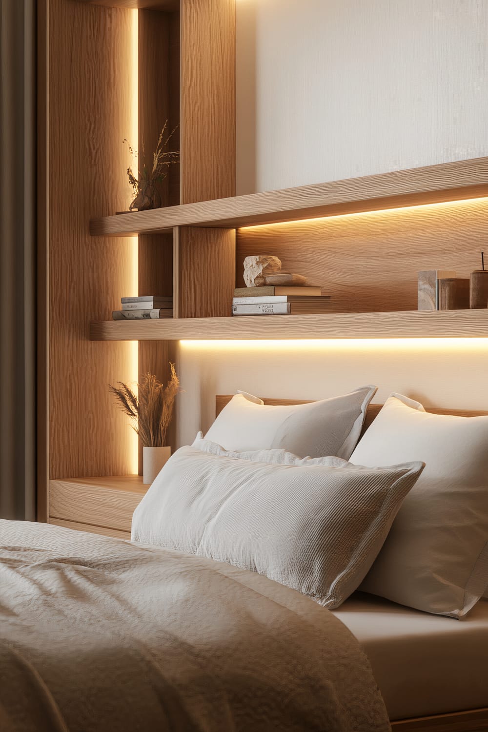 A modern neutral bedroom with a custom headboard integrated with floating shelves featuring minimalist decor items. The bed has white pillows and bedding. Soft ambient lighting highlights the shelf contents which include books, a stone ornament, a vase with dried plants, and two small wooden items.