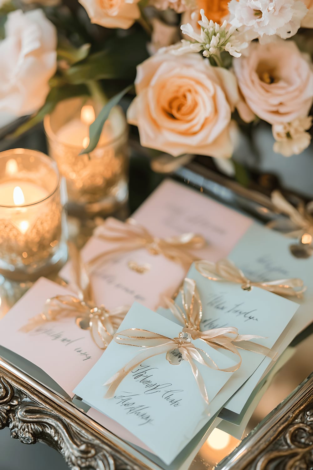 A stylish arrangement of handwritten thank you notes placed on a decorative mirrored tray. The notes are written on pastel-colored cardstock and tied with thin gold ribbons. A small floral arrangement and a few scented candles can be seen on the tray, serving as accents.