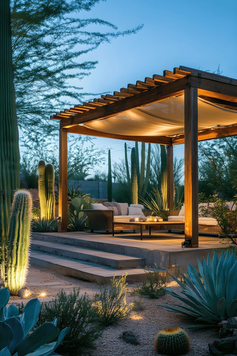 A modern desert-inspired gazebo featuring wooden beams and shade fabric, surrounded by tall cacti, desert agave, and a variety of succulents. Illuminated by soft ambient lighting making it a relaxing evening retreat.