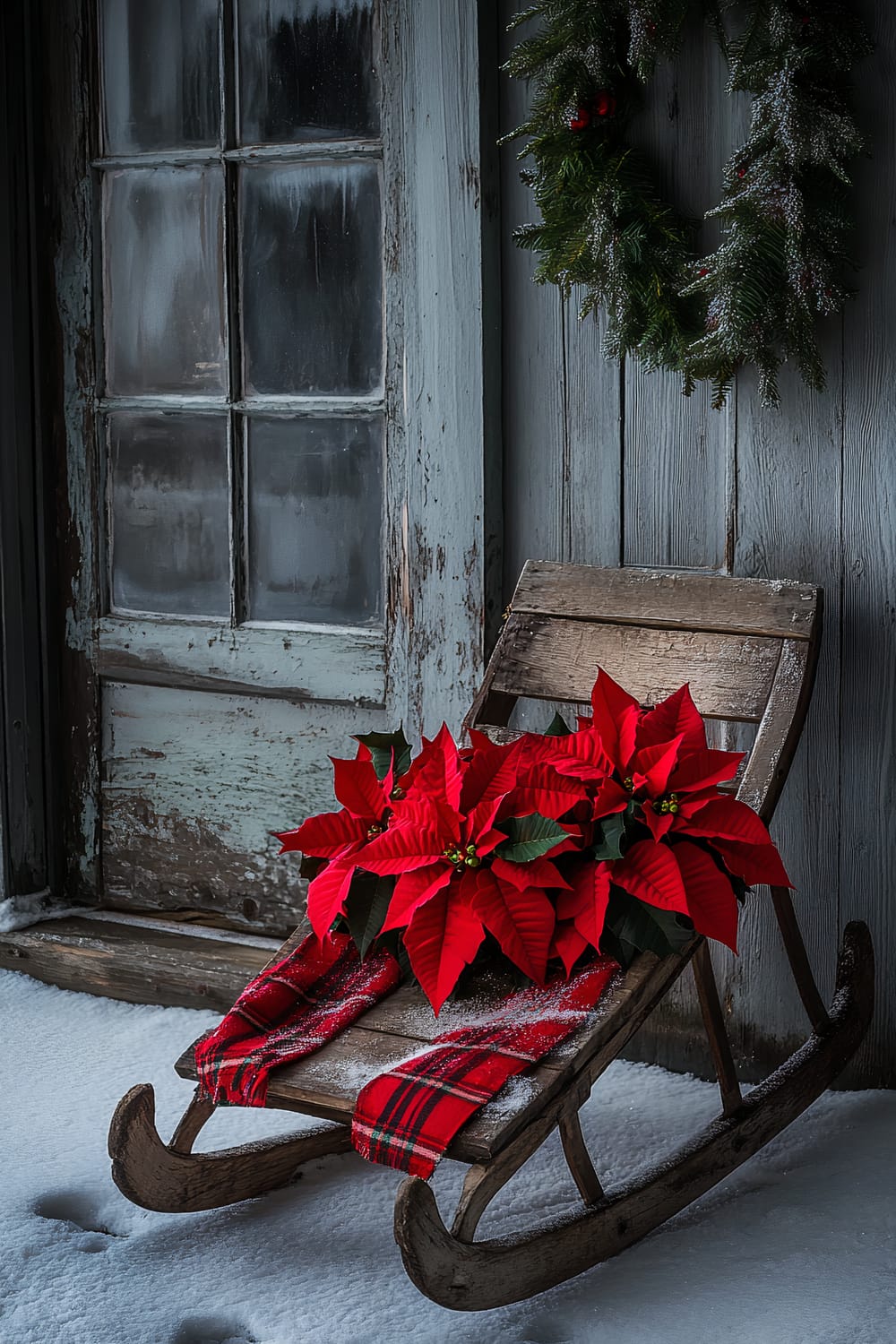 A vintage-style wooden sled adorned with vibrant red poinsettias and a red plaid ribbon, resting on a snow-covered porch. The scene is set against a rustic, weathered wooden wall with a frosted window and a green holiday wreath.