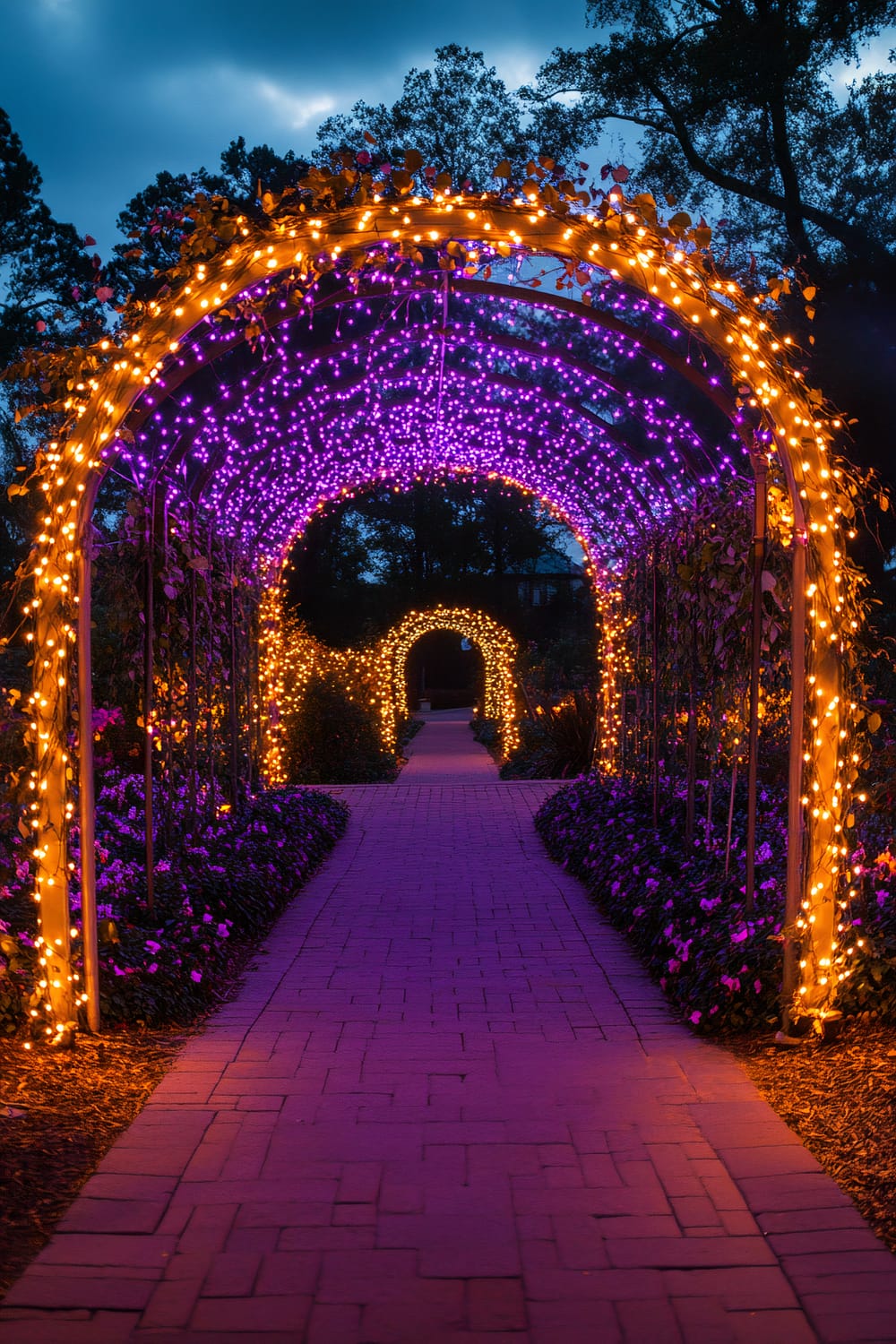 An illuminated garden walkway at dusk, featuring arched trellises wrapped in purple and yellow string lights. The pathway is lined with flowers and foliage, enhancing the enchanting atmosphere.