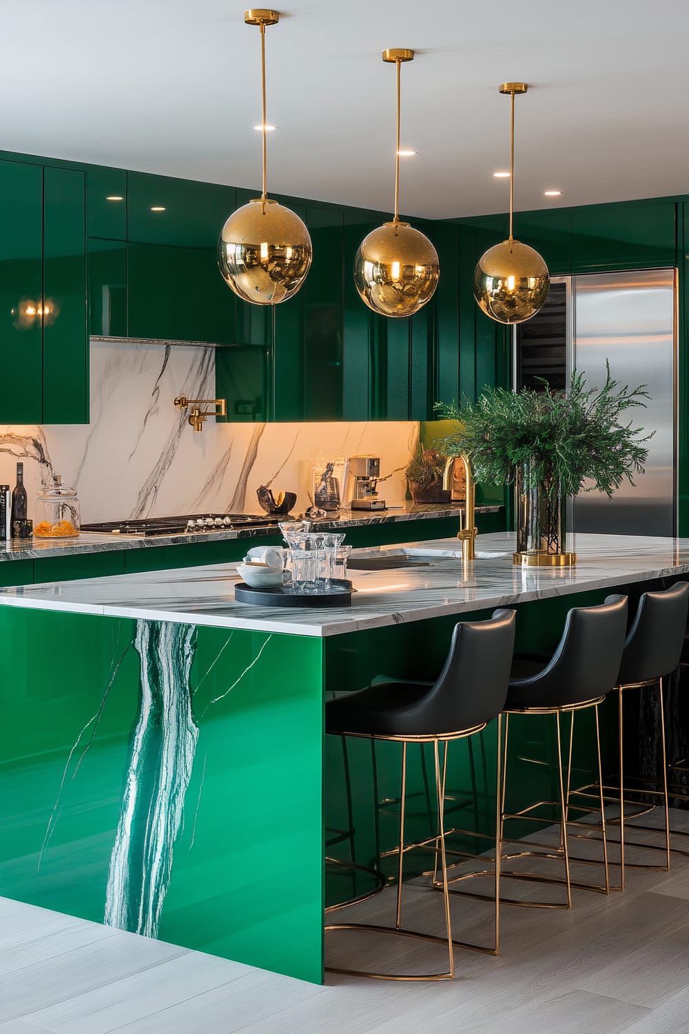 A contemporary kitchen featuring vivid emerald green cabinets, a striking marble island with green veining, and luxurious gold accents throughout. Hanging above the island are three spherical gold pendant lights, providing a contemporary focal point. The island also includes black barstools with gold bases, and a vase with greenery adds a touch of nature. A marble backsplash and gold fixtures, including a sleek faucet, enhance the opulent yet modern aesthetic. Stainless steel appliances and minimalist decor complete the stylish look.