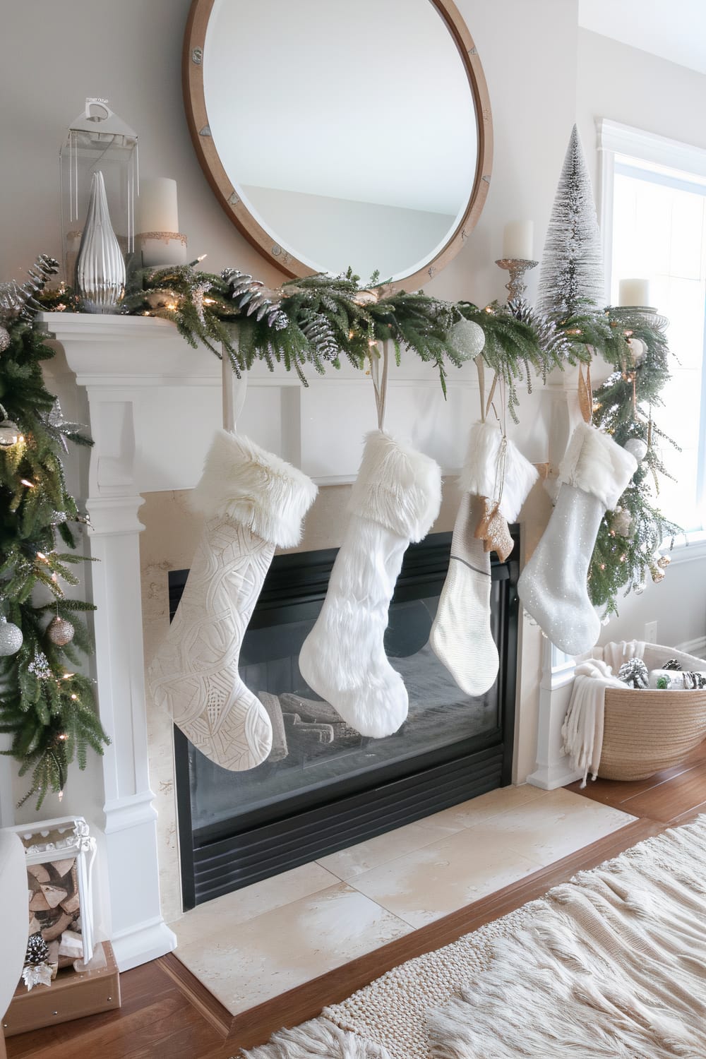 An elegant fireplace adorned with festive decorations. Five white Christmas stockings with various textures hang from the mantle, which is decorated with lush green garlands, silver ornaments, and warm lights. Above the mantle is a large round mirror with a wooden frame. Decorative items, including candles, a silver vase, and a mini Christmas tree, are placed on the mantle. A woven basket containing pinecones and a cozy blanket is on the floor beside the fireplace, which is flanked by a stone and tile hearth.