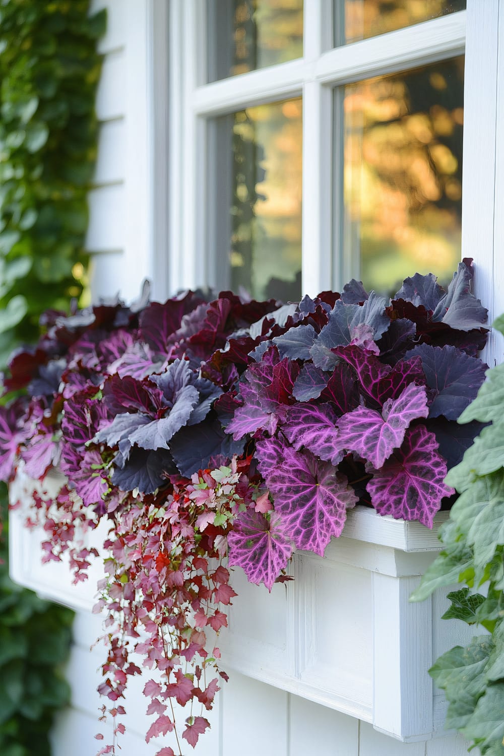 The image displays a white window box on the exterior of a home. It is filled with lush, colorful foliage featuring deep purples, vibrant magentas, and patches of lighter colors. The window frame is white, reflecting the light from the outside. Green leaves climb the wall beside the window, adding a contrasting green to the vibrant mix of colors in the window box greenery.