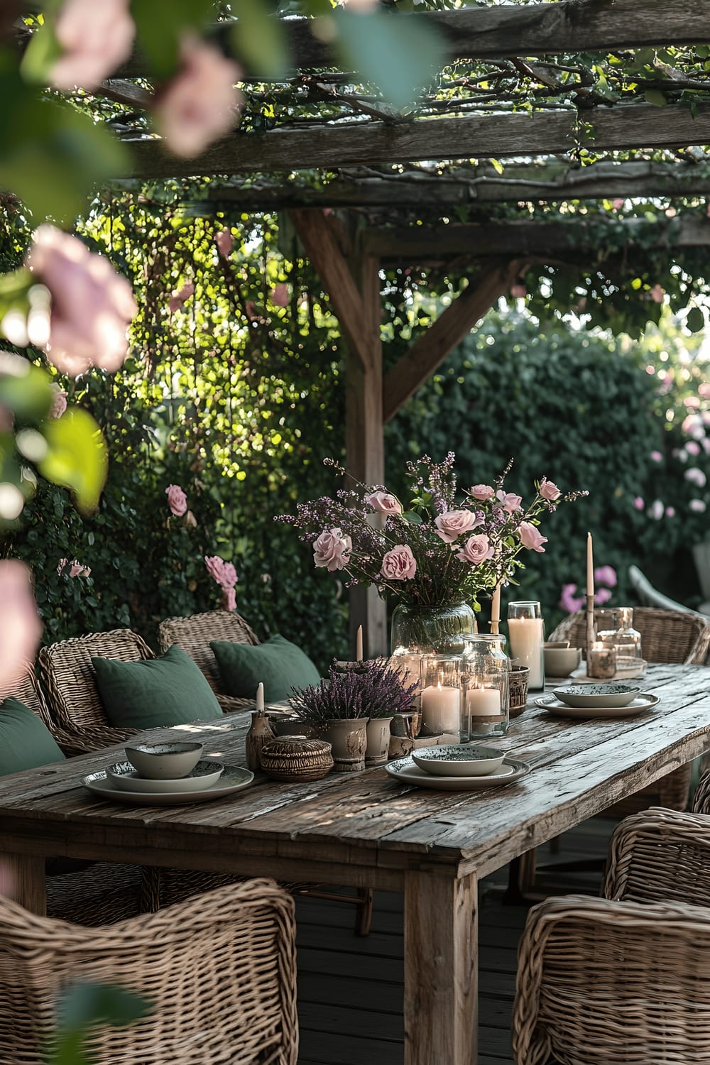 An outdoor dining setup featuring a distressed wooden table surrounded by woven rattan chairs with sage green cushions. The table is adorned with ceramic plates, hand-poured candles in glass containers, and a vase of fresh lavender. Above the dining area is a reclaimed wood pergola, draped with soft pink climbing roses and letting in the dappled sunlight.