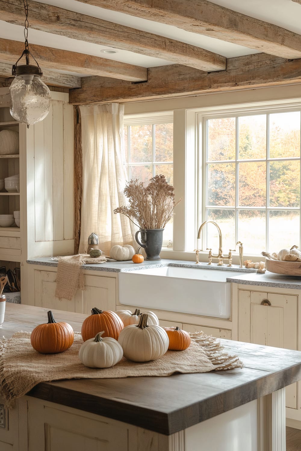 A charming kitchen featuring rustic wooden beams on the ceiling, a large window with beige curtains, a farmhouse sink with brass fixtures, and light cream cabinetry. The countertop holds decorative pumpkins, a vase with dried flowers, and various kitchen items. The kitchen island has a wooden top with more pumpkins displayed on a burlap runner.