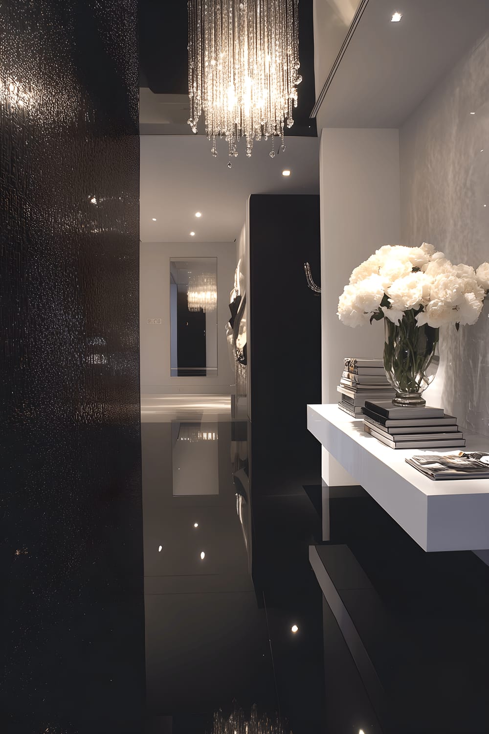 An elegant Milan hallway with a high gloss black floor reflecting the stylish room design. A chandelier with oversized glass droplets hovers from the ceiling, creating a dynamic light pattern on the floor. A refined white console table, holding a minimalist vase with white peonies and a stack of design magazines, contrasts the floor. Large, frameless mirrors on each side of the hallway enhance the sense of space and maximise light. Subtle recessed ceiling lighting contributes to the sophisticated ambiance.