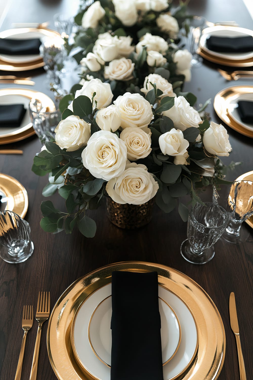 The image shows an elegantly set dining table designed for a formal occasion. It features a dark wooden table adorned with a central arrangement of white roses and green foliage in gold vases. The table settings include white plates with gold rims, gold cutlery, and black napkins, with clear glassware positioned beside the plates.