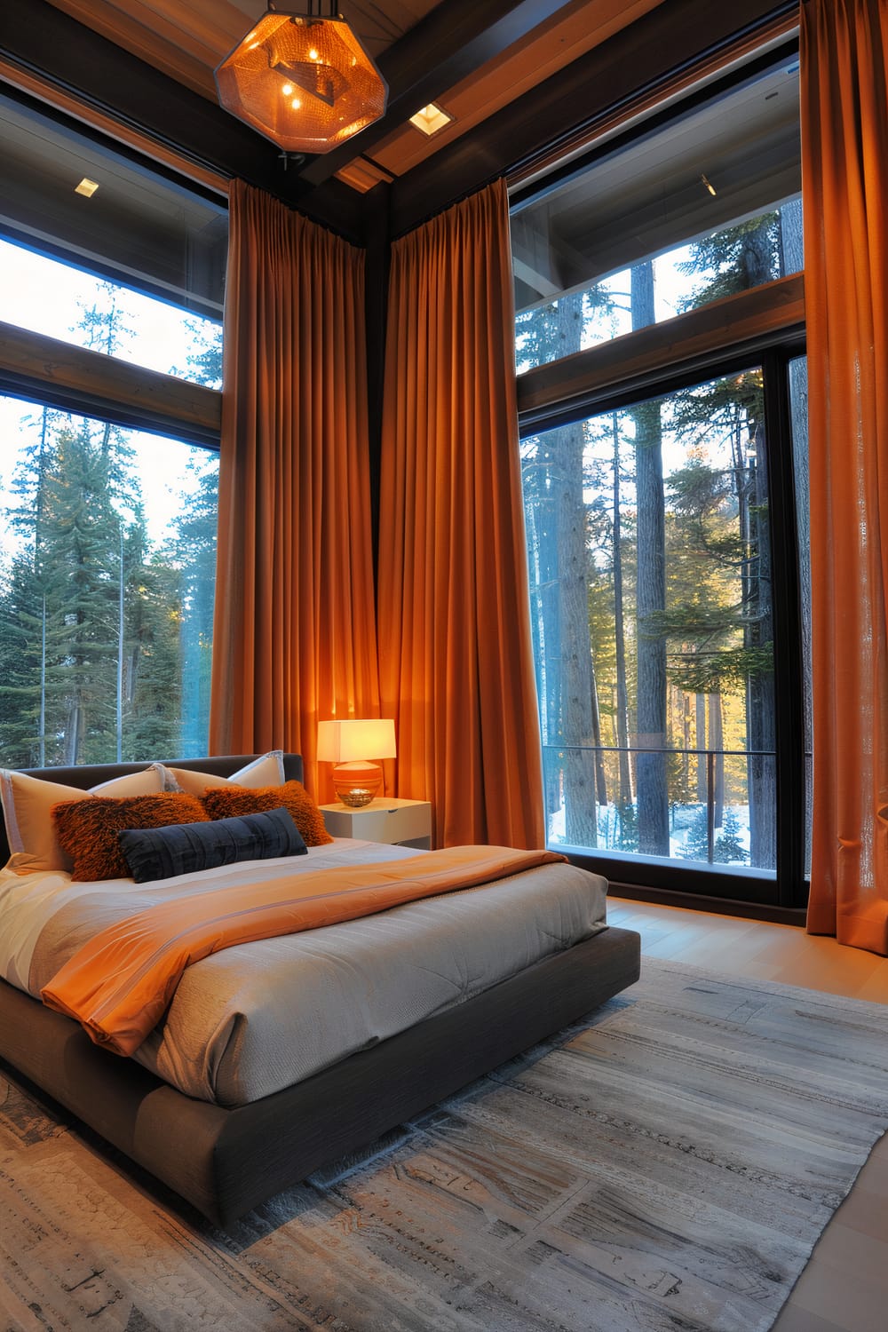 A cozy bedroom with floor-to-ceiling windows features orange curtains, a comfortable bed with white and orange bedding, and a modern lamp on a nightstand. A geometric pendant light hangs from the ceiling, and a large patterned rug lies beneath the bed. The room offers a view of a forest with tall trees.