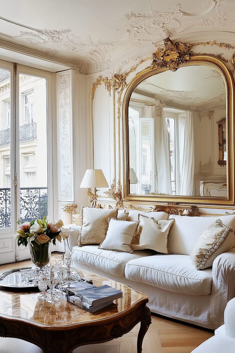 An opulent living room with a grand, gold-framed mirror above a plush white sofa adorned with beige and white cushions. A wooden coffee table with a polished surface holds a vase of fresh flowers, books, and crystal glassware. The walls and ceilings are embellished with intricate moldings. Large windows with ornate iron railings allow natural light to flood the space.