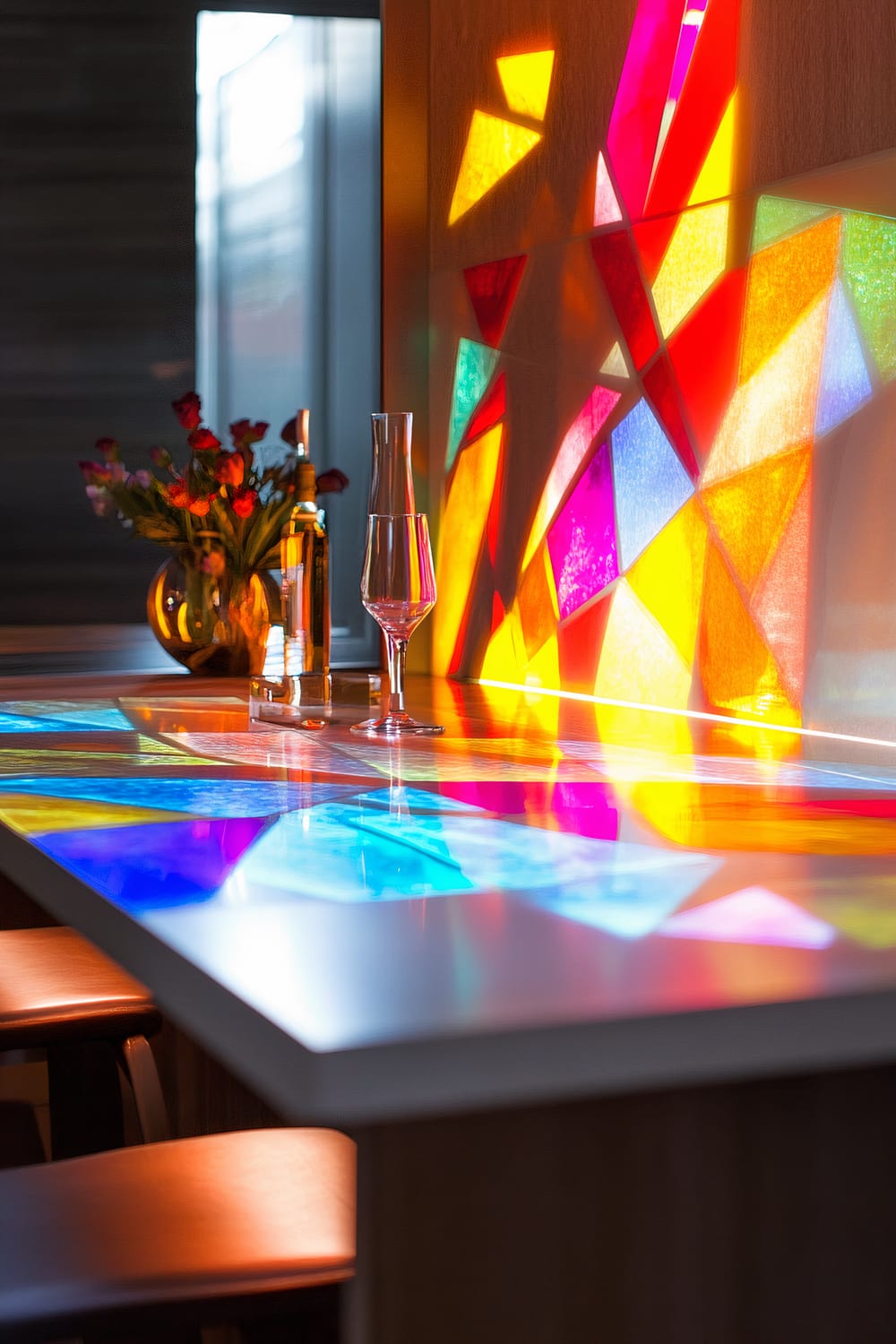 A kitchen countertop illuminated by colorful LED light panels with abstract shapes. The lighting casts vivid, dynamic shadows and reflections on the countertop. A vase with flowers, a bottle, and a glass are present on the counter.