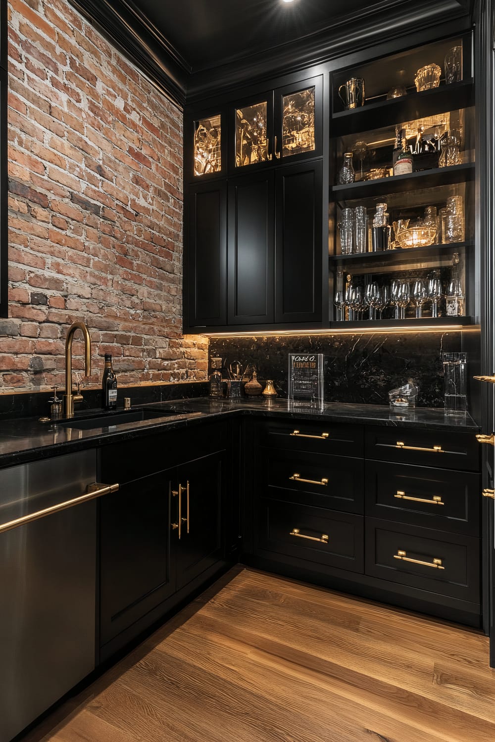 The image showcases a sophisticated kitchen corner characterized by a striking combination of black and gold elements. The upper part of the wall features exposed red brick, adding a rustic touch, while the cabinetry is predominantly black with glossy gold handles. Glassware is displayed on open shelves, illuminated by elegant lighting beneath the cabinets. The countertop is black with a subtle marble pattern, complemented by a gold faucet and sink area. The lower cabinets also bear gold handles, and the flooring is made of a warm, polished wood.