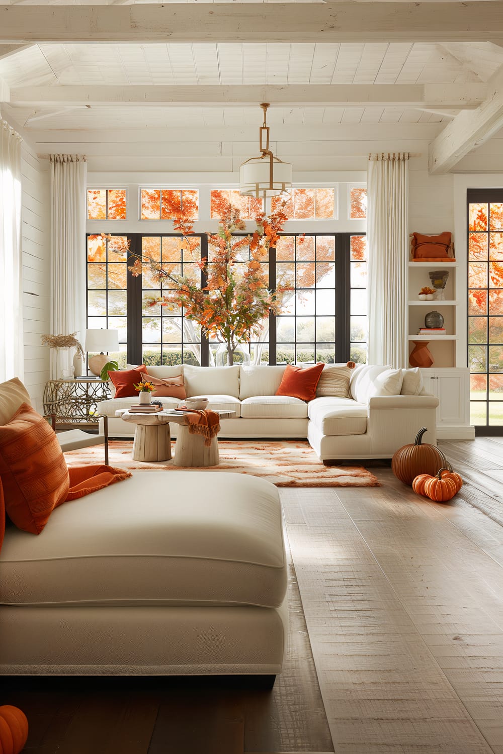 This image showcases a bright, elegant living room with a strong autumnal theme. Large windows frame a beautiful view of trees with vibrant orange leaves. The room features white ceiling beams and walls, a plush white sectional sofa adorned with orange pillows, and a matching throw blanket. There are wooden side tables with decorative items and pumpkins placed around the room, adding to the fall decor. A modern pendant light hangs from the ceiling, and white curtains frame the windows.