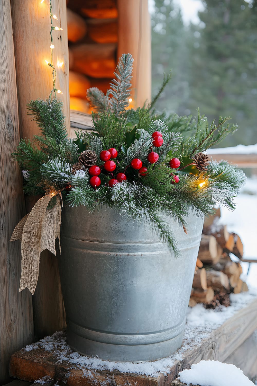 An outdoor Christmas planter made from a galvanized metal bucket filled with evergreen branches, bright red cranberries, and small pinecones. The bucket is decorated with a burlap ribbon and placed on a rustic wooden deck surrounded by snow-covered logs. Warm lantern lights illuminate the scene, adding to the festive atmosphere.