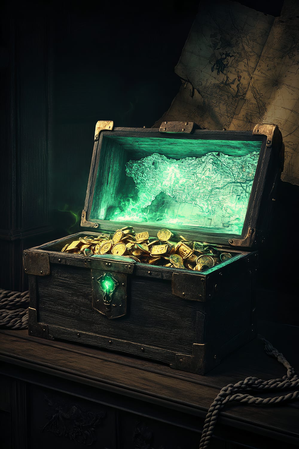 A pirate's treasure chest sits centrally on a dark wooden mantle. The chest, with an ominous green glowing lock, is partially open, revealing glints of gold coins and mysterious artifacts inside. The interior of the chest is illuminated by an eerie greenish light. Surrounding the chest are old, tattered maps and thick ropes, enhancing the mysterious atmosphere.